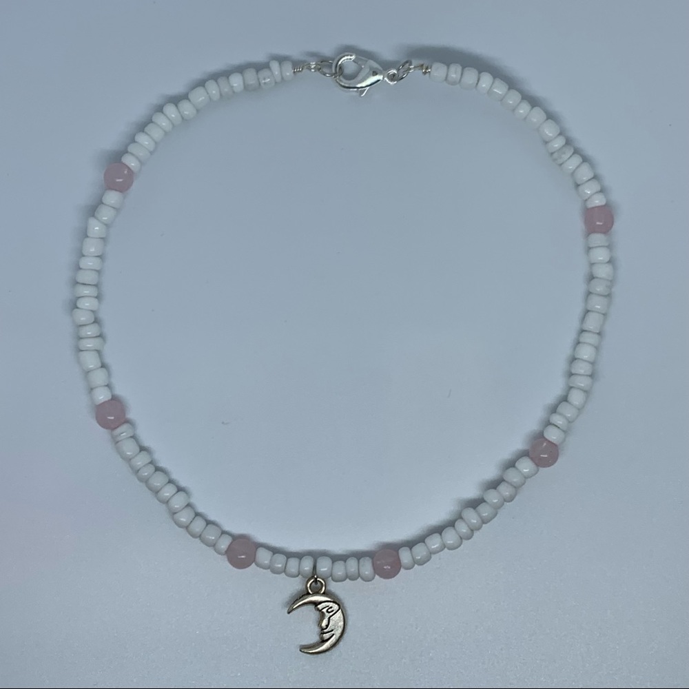 White Beaded Rose Quartz Moon Choker Necklace